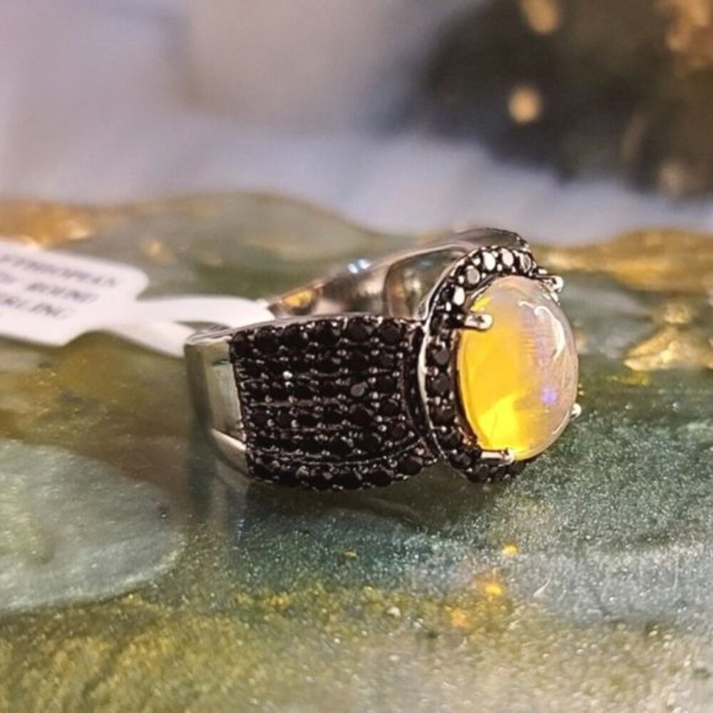 Ethiopian Opal ✦ Black Spinel Ring ✦ 925 Rhodium Oval Fire Gemstone Sz 5 NWT - Picture 2 of 6